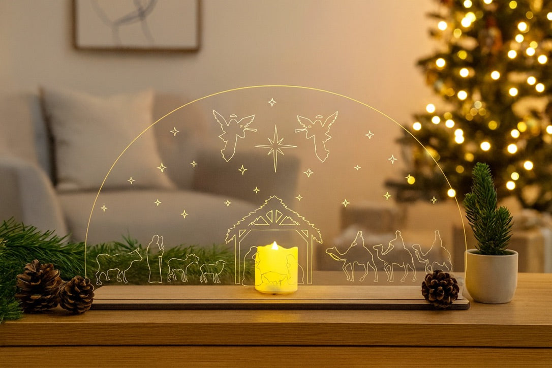 Nativity Scene Candle Holder – Clear Acrylic Christmas Ornament with Wooden Base | Festive Nativity Décor