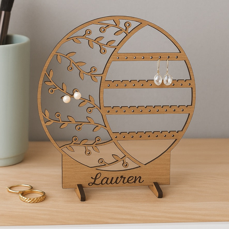 Personalised Wooden Flower Jewellery Holder – Floral Oak Stand for Earrings & Necklaces