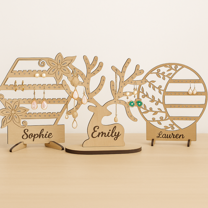 Personalised Wooden Jewellery Holder – Oak Earring Necklace Stand (3 Designs)