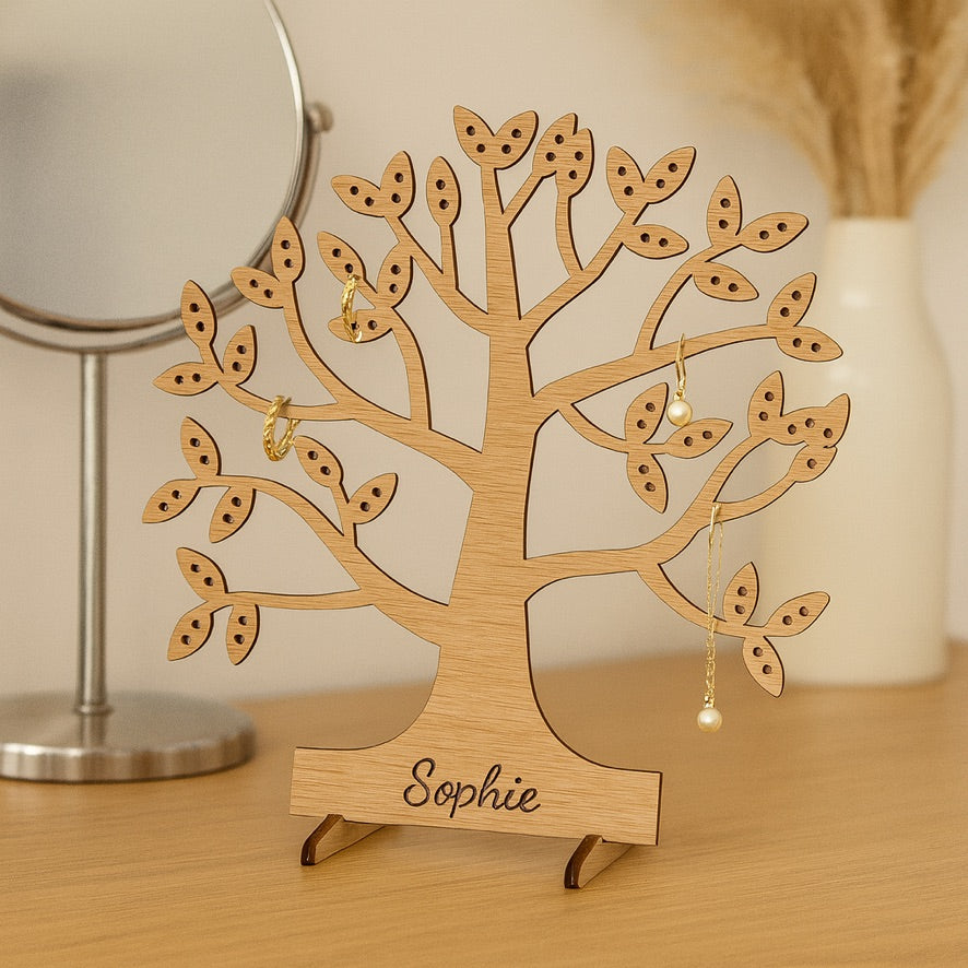 Personalised Wooden Flower Jewellery Holder – Floral Oak Stand for Earrings & Necklaces