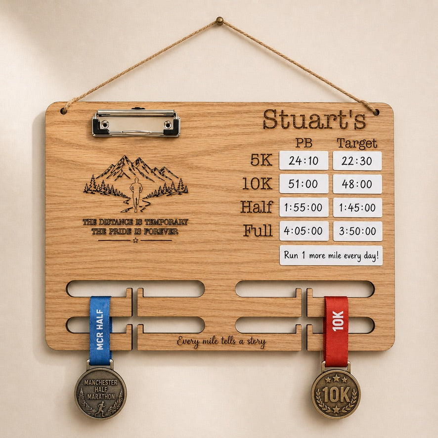 Personalised Running Medal Holder, PB Board & Race Bib Display, Custom Runner Gift, Marathon Medal Hanger
