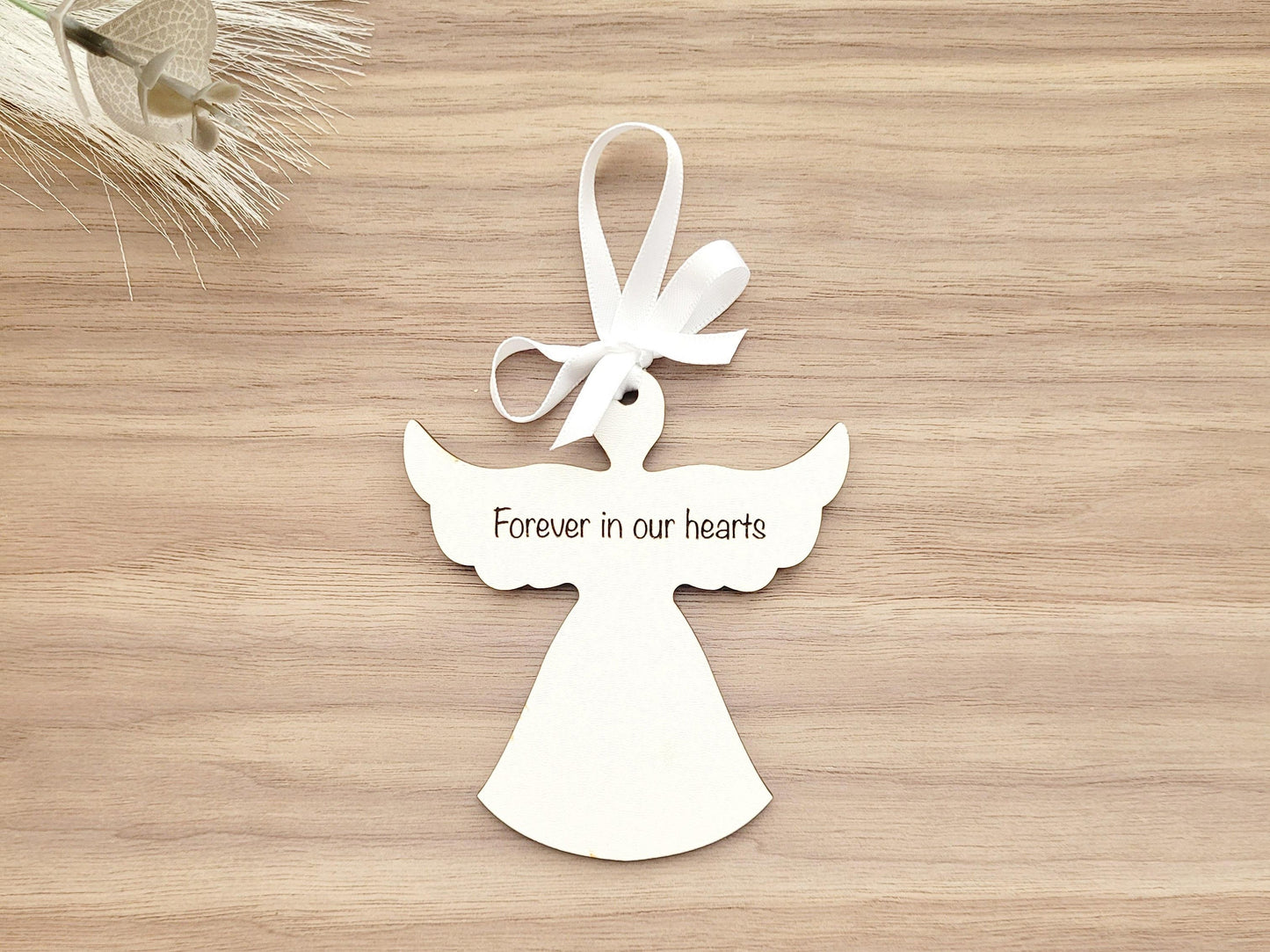 Personalised Wooden Angel Christmas Decoration – Hanging Oak Veneer or White MDF Ornament, Custom Message Memorial Bauble