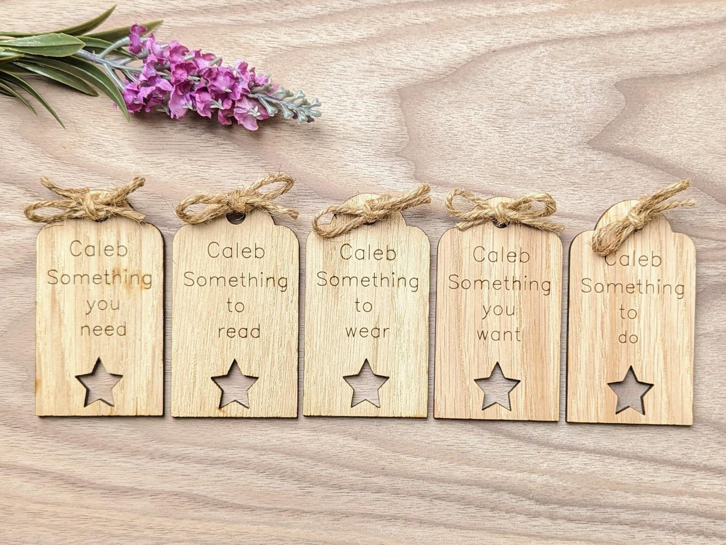 Personalised Five Gift Rule Tags – Reusable Oak Veneer Christmas Gift Labels with Twine