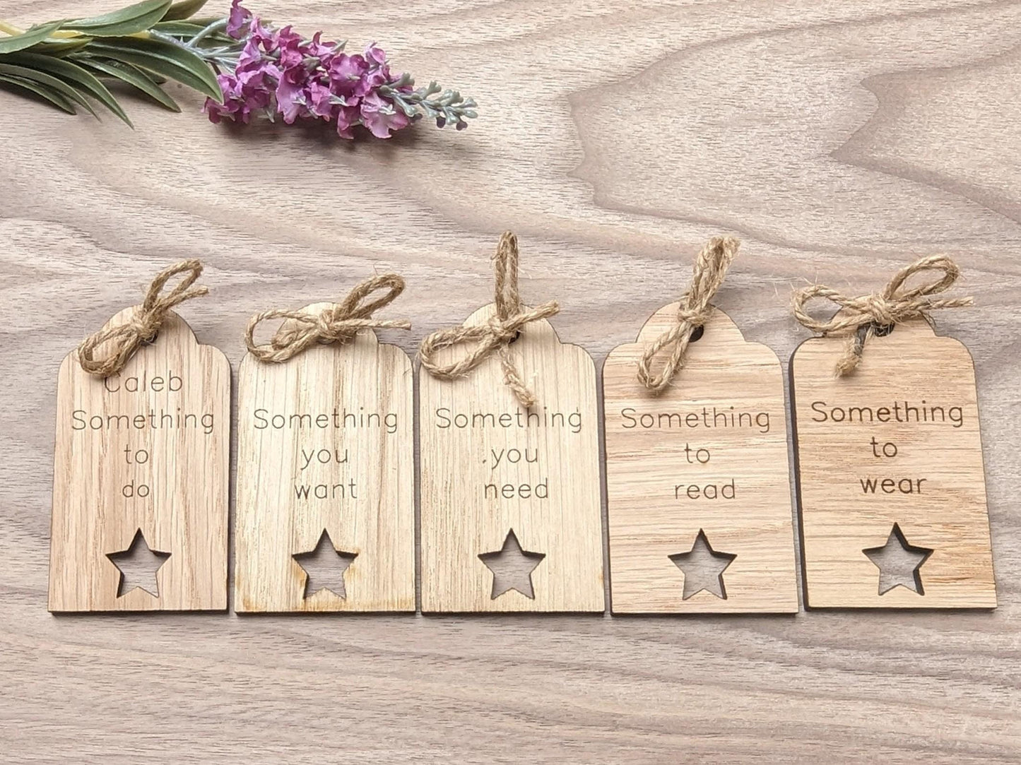 Personalised Five Gift Rule Tags – Reusable Oak Veneer Christmas Gift Labels with Twine