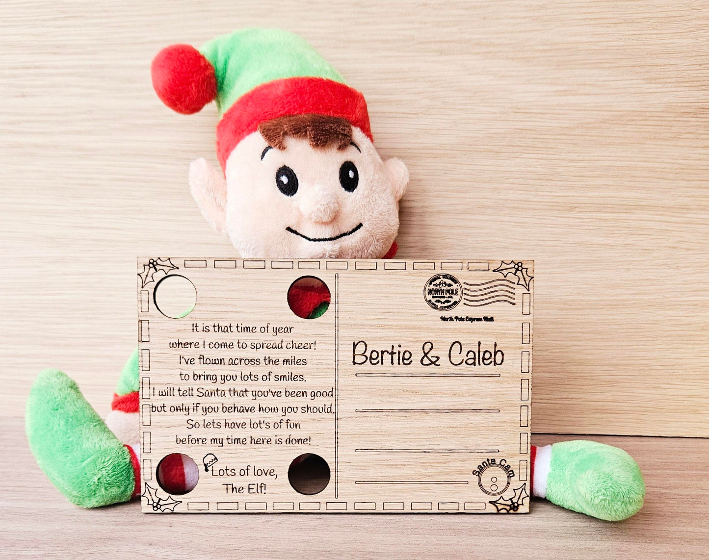 Personalised Elf Arrival Postcard – Custom Wooden Christmas Keepsake for Kids