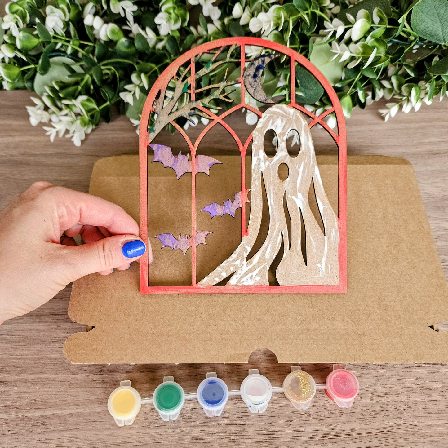 Halloween Paint Kit for Kids – Wooden Window Activity with Paints & Brush