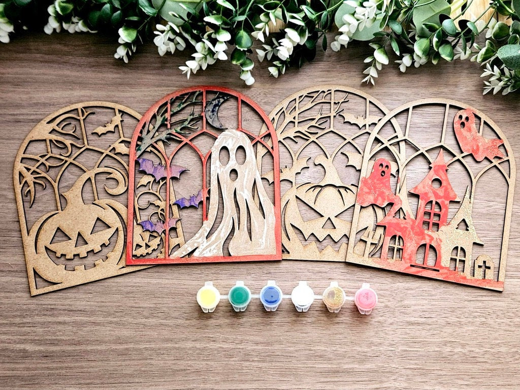 Halloween Paint Kit for Kids – Wooden Window Activity with Paints & Brush