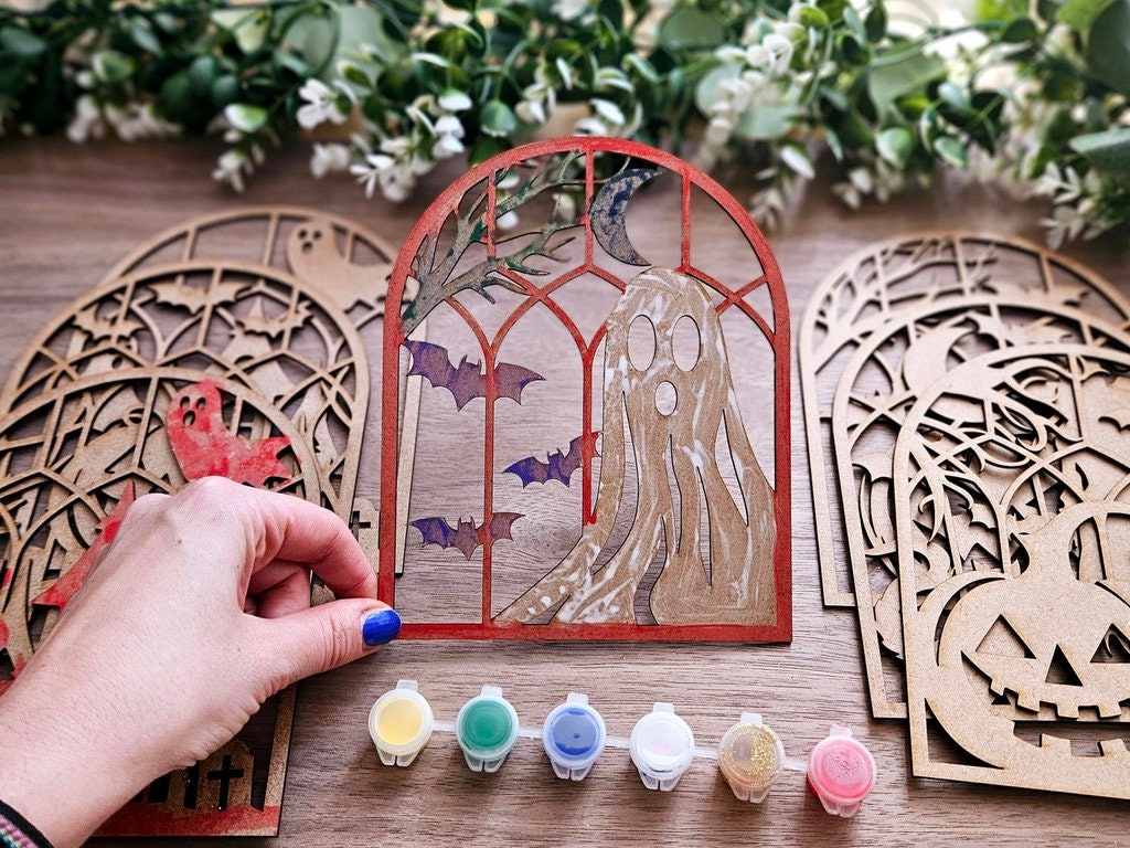 Halloween Paint Kit for Kids – Wooden Window Activity with Paints & Brush