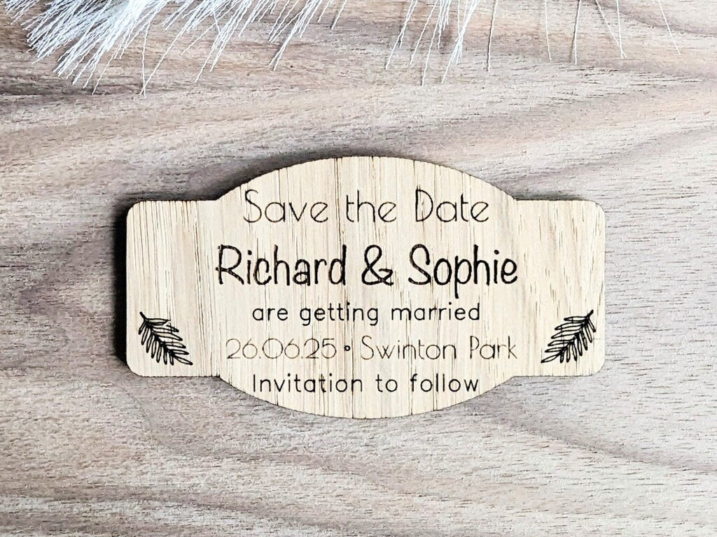 Personalised Wooden Save the Date Magnet – Custom Oak Wedding Announcement