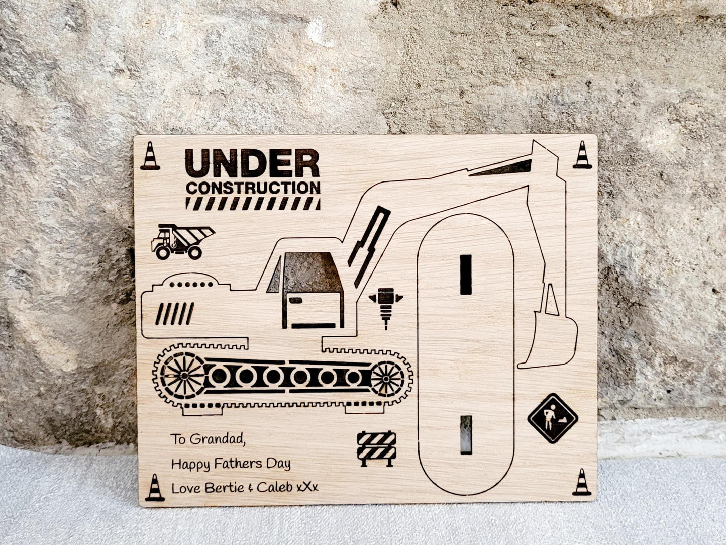 Personalised Excavator Wood Card – Unique Gift for Him, Construction Worker Keepsake, Birthday or Father’s Day Gift
