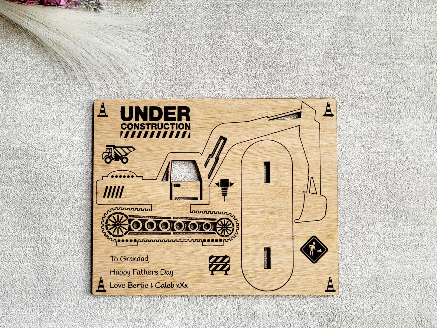 Personalised Excavator Wood Card – Unique Gift for Him, Construction Worker Keepsake, Birthday or Father’s Day Gift