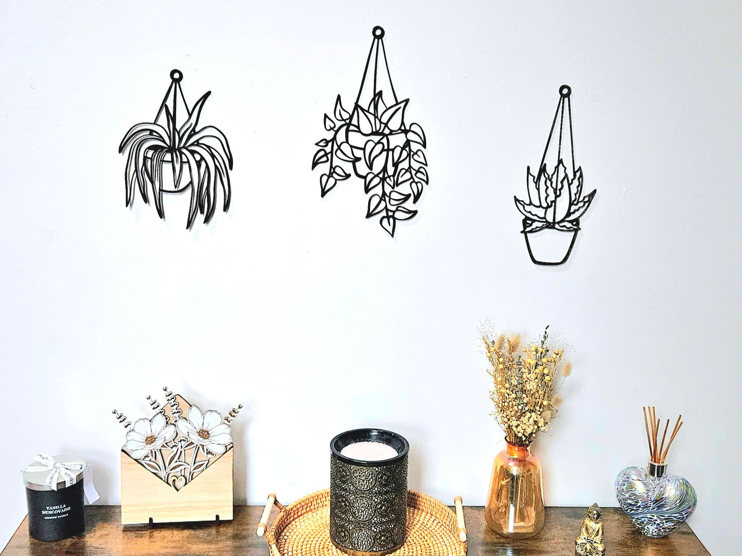 Wooden Plant Wall Art Set of 3 – Unique and Stylish Home Decor, Customizable Sizes & Color