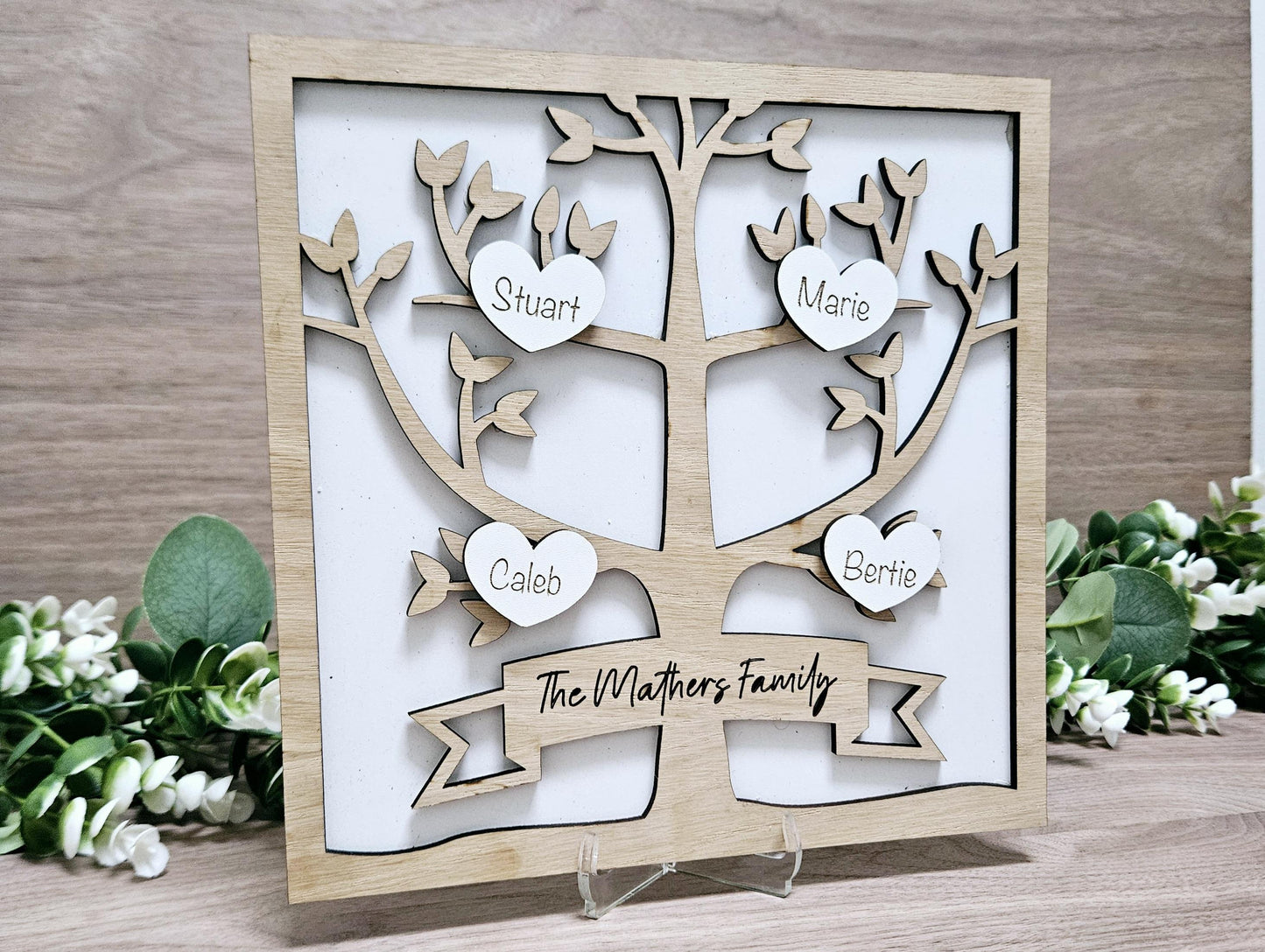 Engraved Family Tree Keepsake – Handmade Wooden Art, Unique Home Decor, Gift for Her