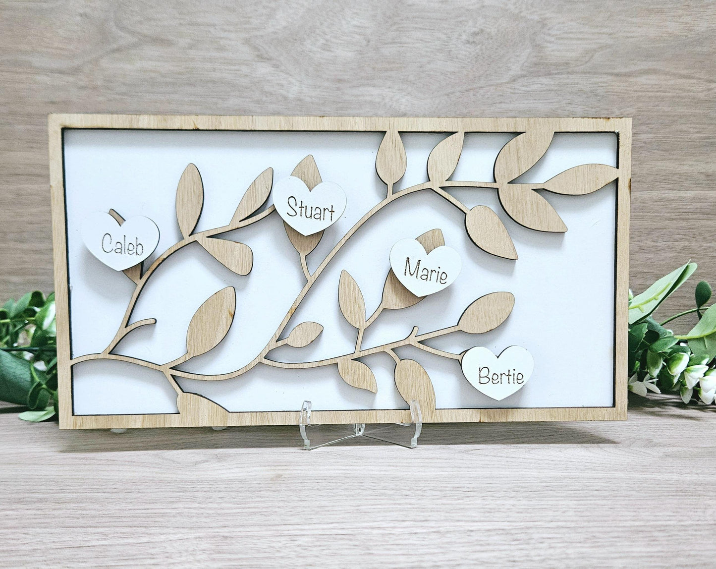 Personalised Wooden Family Tree Plaque – Custom Family Keepsake with Stand, Heart Tokens, Unique Gift