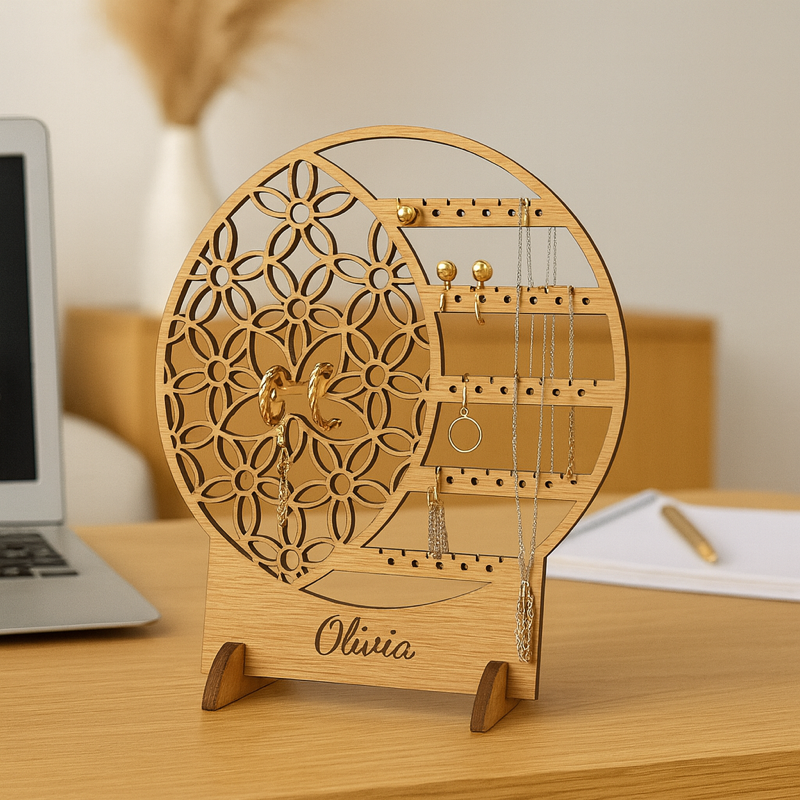 Personalised Wooden Flower Jewellery Holder – Floral Oak Stand for Earrings & Necklaces