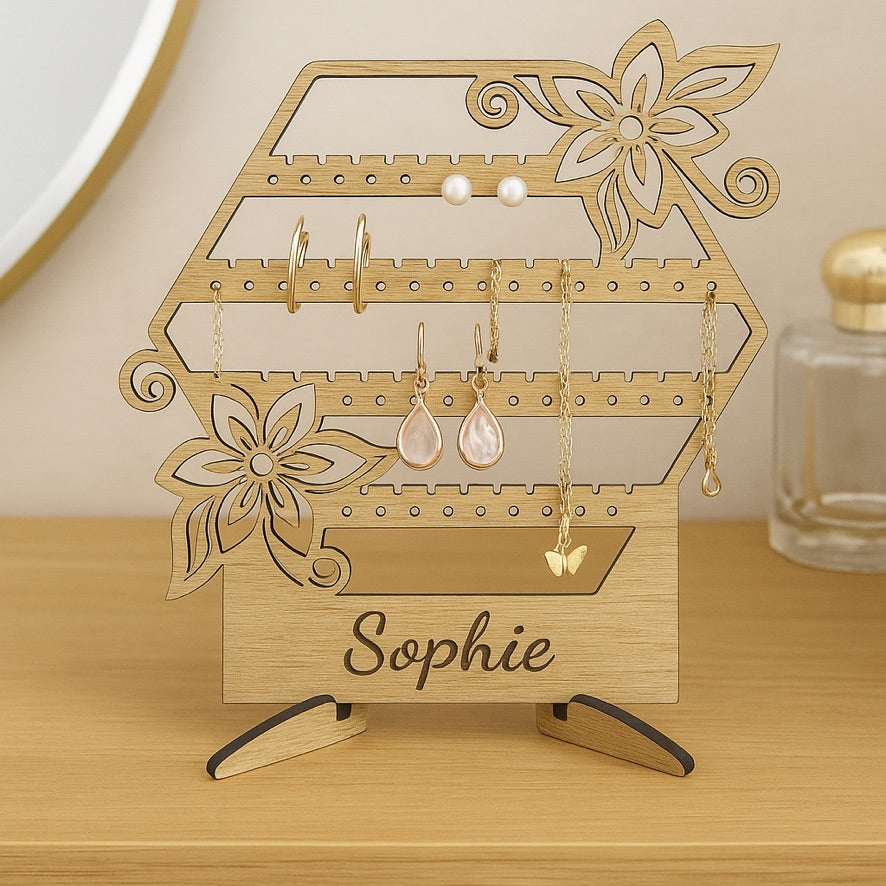 Personalised Wooden Jewellery Holder – Oak Earring Necklace Stand (3 Designs)