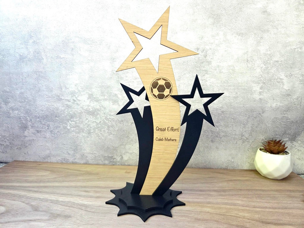 Personalised Sports Trophy – Custom Engraved Wooden Award with Logo or Message | Ideal for Team Gifts, Coaches, School Awards