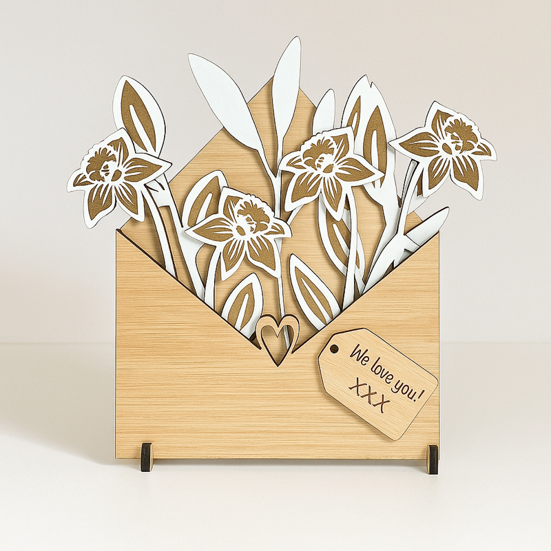Personalised Wooden Daffodil Bouquet Envelope – Thoughtful Gift for Mum or Nan