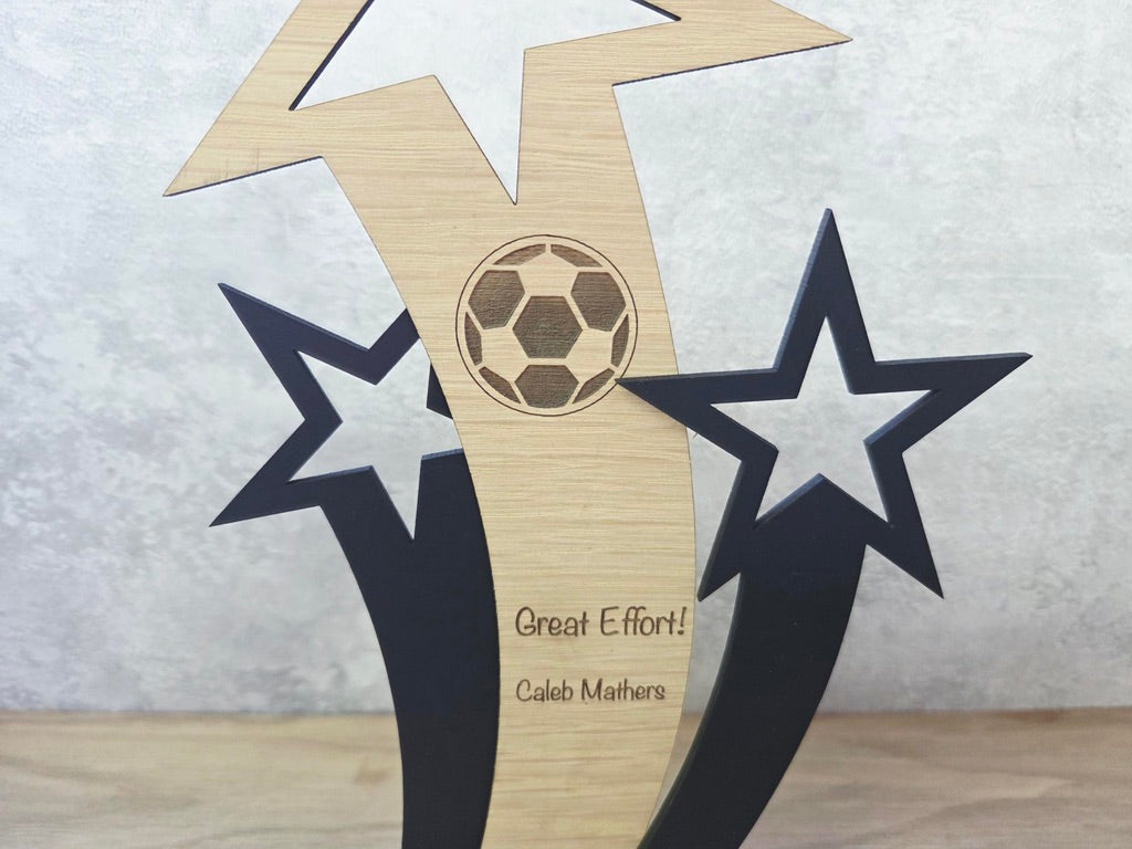 Personalised Sports Trophy – Custom Engraved Wooden Award with Logo or Message | Ideal for Team Gifts, Coaches, School Awards