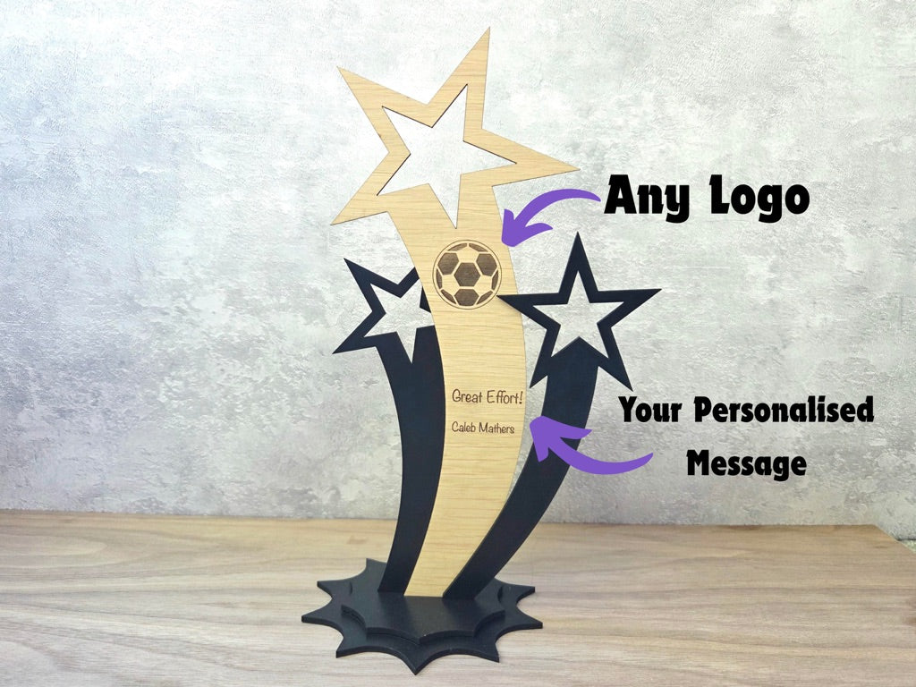 Personalised Sports Trophy – Custom Engraved Wooden Award with Logo or Message | Ideal for Team Gifts, Coaches, School Awards