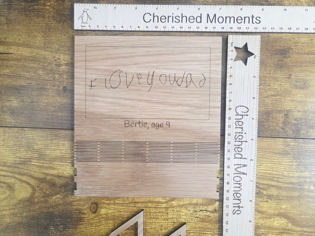 Personalised Kids Drawing Plaque – Engraved Oak Keepsake | Custom Handwriting Gift for Parents, Grandparents & Teachers