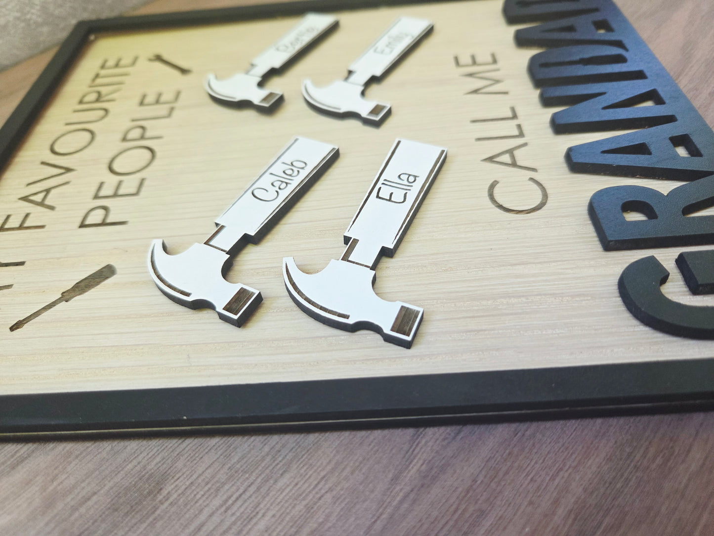 Personalised Wooden Plaque with Engraved Mini Hammers – Custom Gift for Him, Dad, Grandad, Papa & More