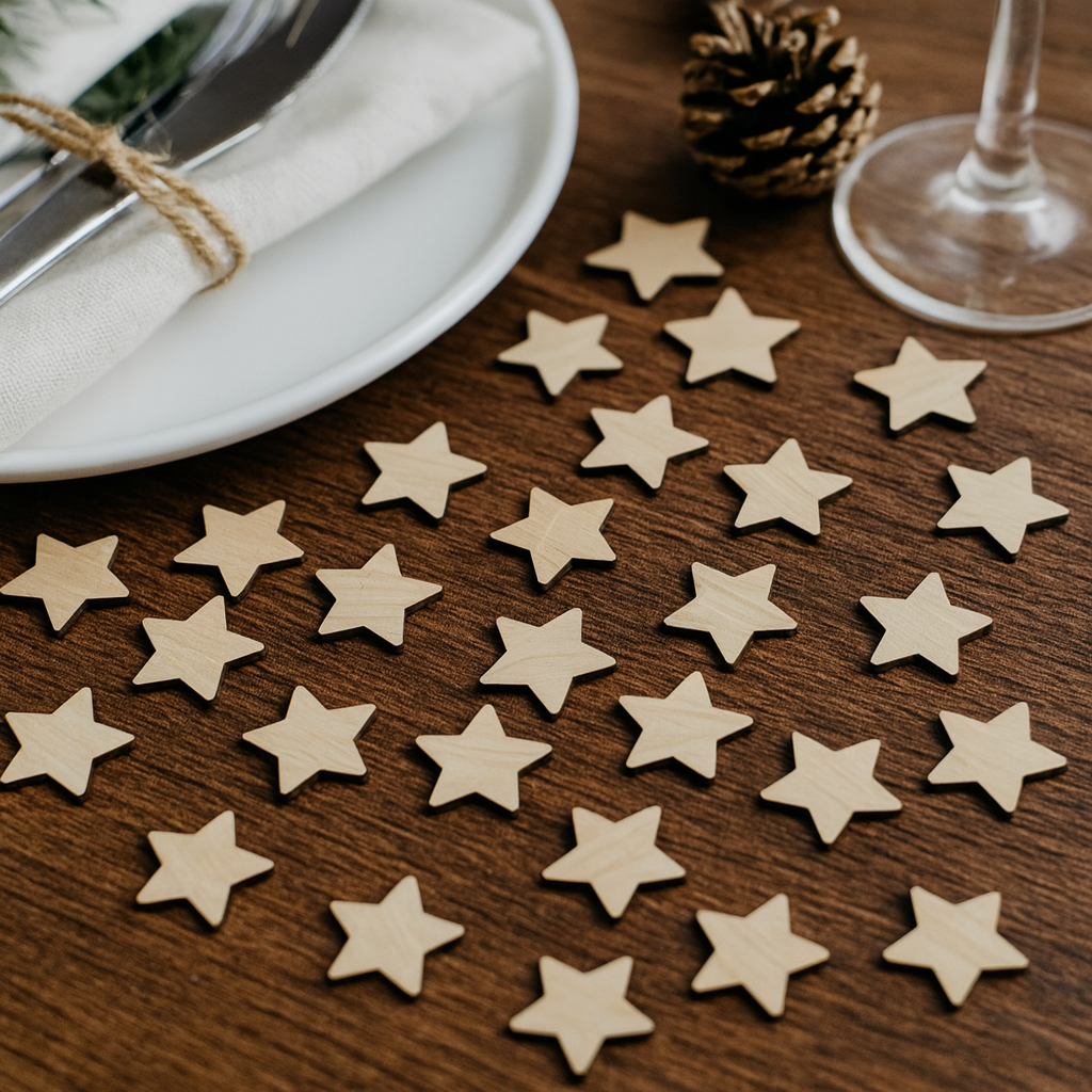 Wooden Star Table Confetti – Rustic Oak Christmas Table Scatter (2.5 cm, 25–200)
