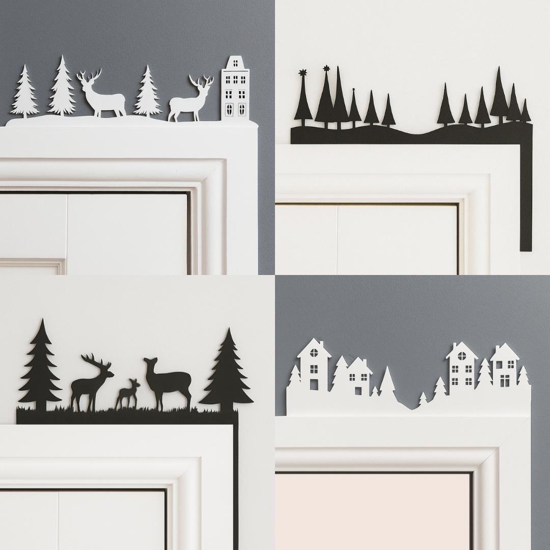 Four wooden Christmas door corner decorations in different designs – Reindeer, Santa Sleigh, Snowman, and Snowflake

