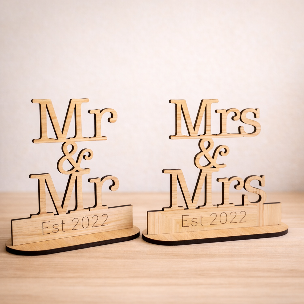 Wooden signs with 'Mr & Mr' and 'Mrs & Mrs Est 2022' on a light background