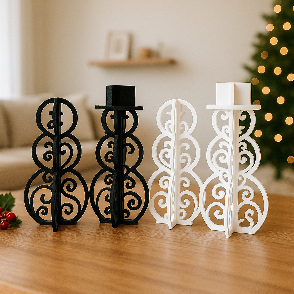 “Four freestanding decorative snowmen made of black and white filigree wood, displayed on a wooden table in a cozy, modern living room with a softly lit Christmas tree in the background. Two snowmen wear top hats, and two do not, arranged alternately by color and style.”