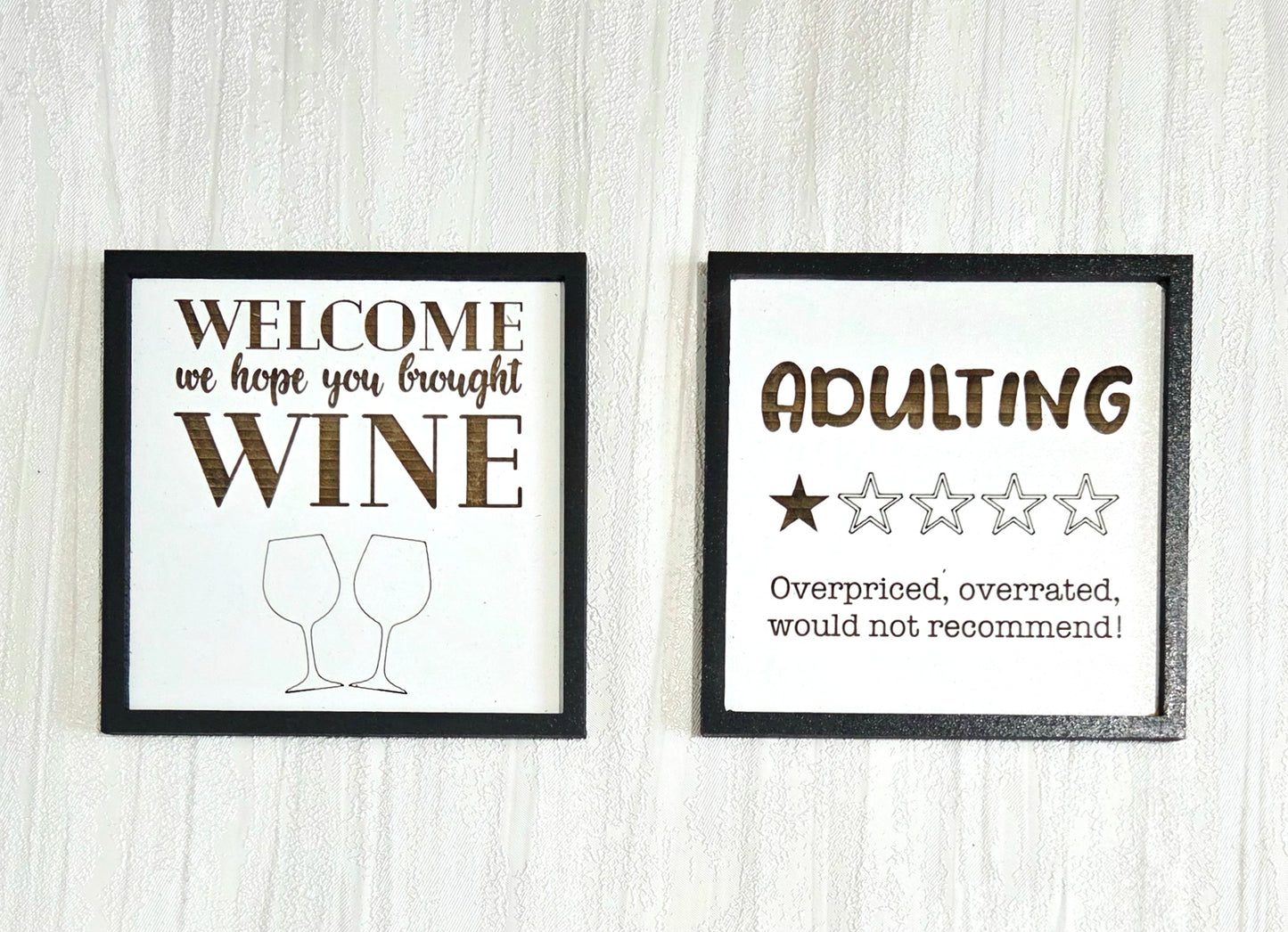 Funny Wooden Wall Signs – “Adulting 1 Star” & “Welcome, We Hope You Brought Wine” – Home Bar & Office Decor, Gift for Wine Lovers
