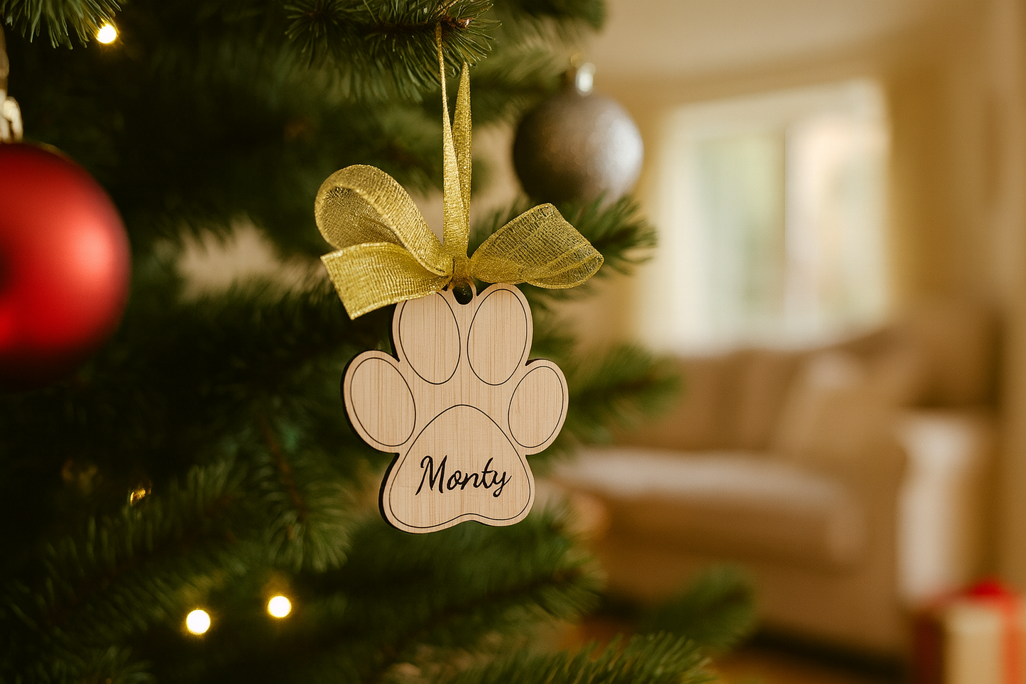 Personalised Paw Print Christmas Decoration – Custom Pet Name Bauble for Dog or Cat, First Christmas Ornament Gift