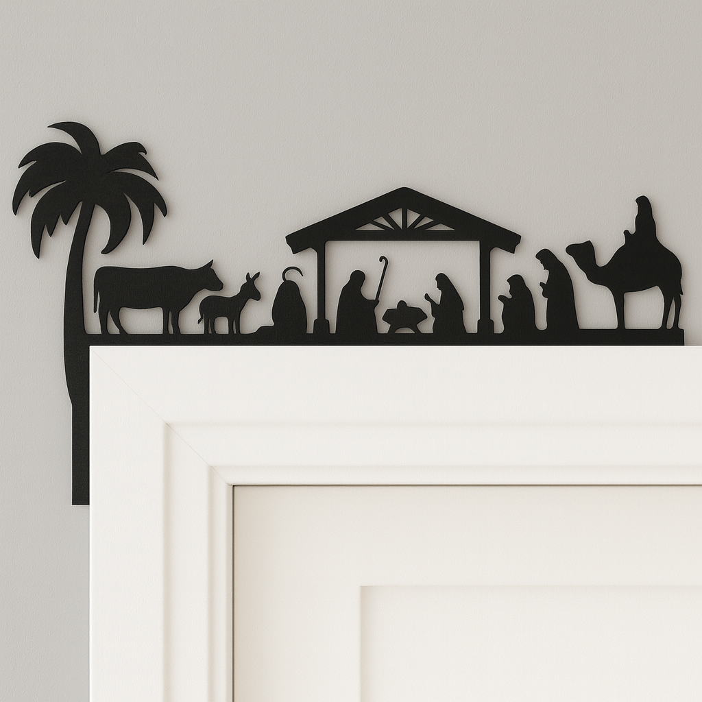 Nativity Scene Christmas Decoration – Wooden Door Corner or Shelf Sitter in Black or White MDF