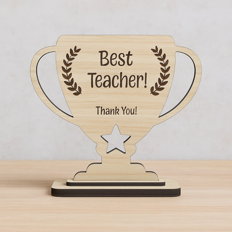 Personalised Wooden Teacher Trophy – Thank You Gift from Child or Class
