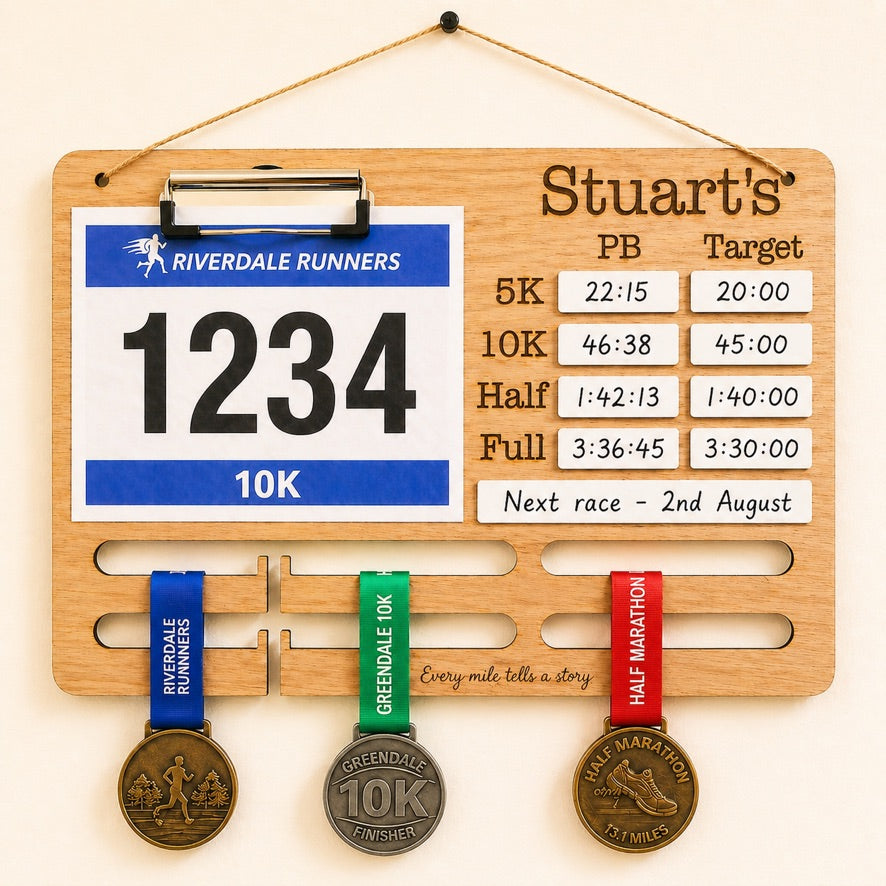 1 “Custom engraved running medal hanger displaying marathon medals”