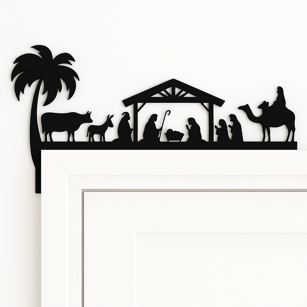 Black nativity scene silhouette on a white background