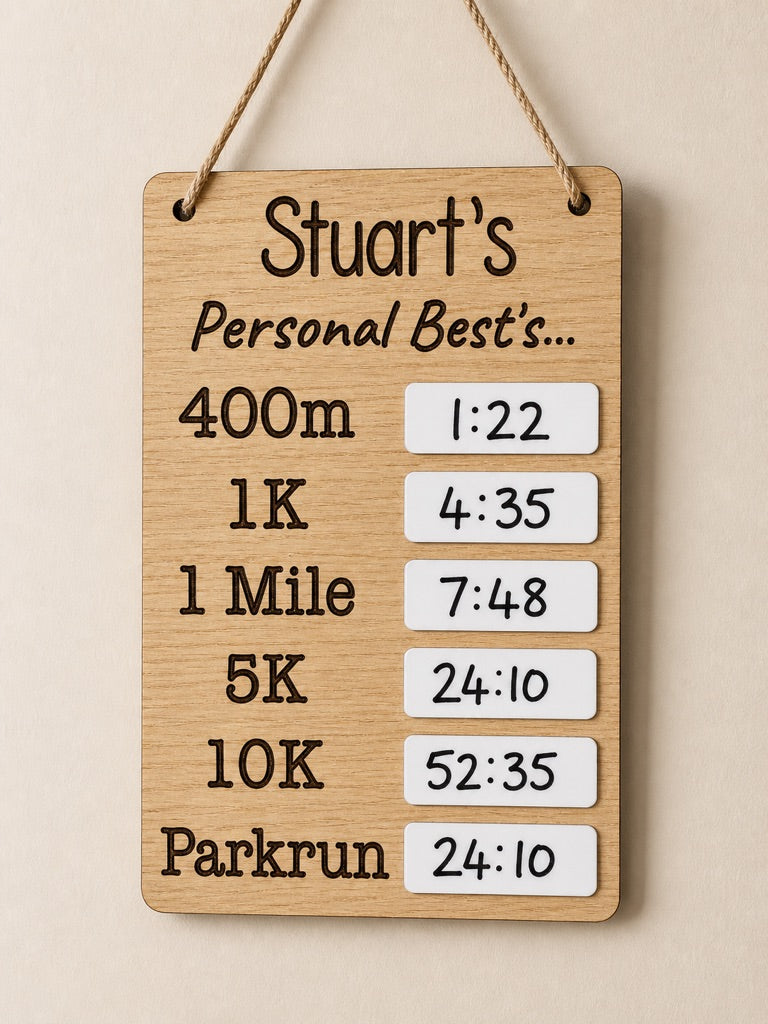     Runner personal best board displayed in home gym