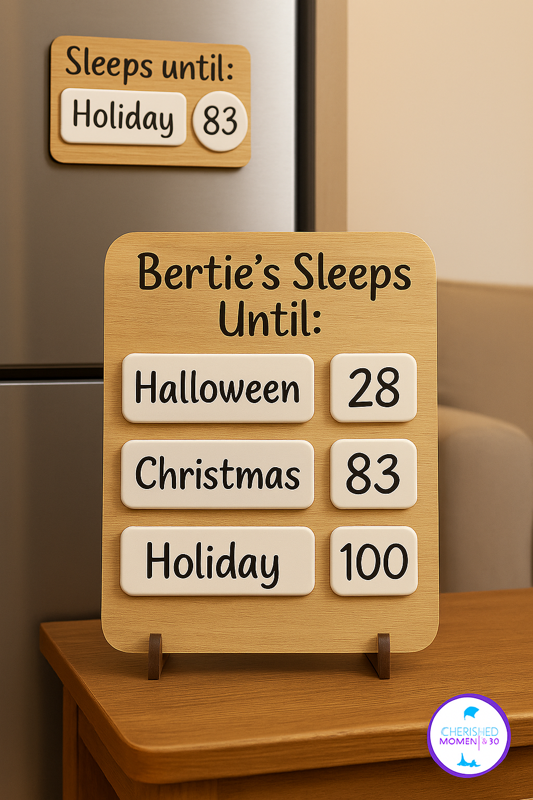 “Personalised countdown board with dry-wipe boxes for kids – reusable oak and acrylic sign for birthdays or holidays”
