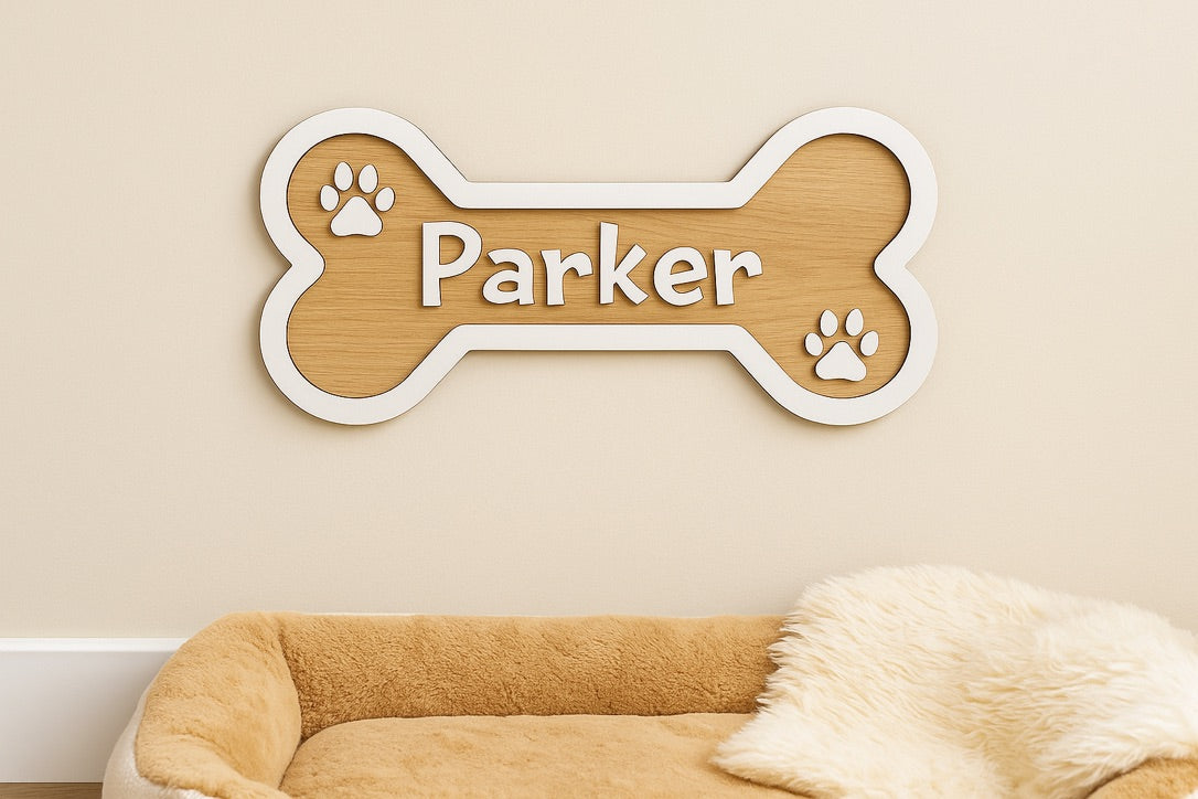 Personalised Wooden Dog Name Sign – Custom Pet Name Plaque, Bone or Street Style, Gift for Dog Lovers