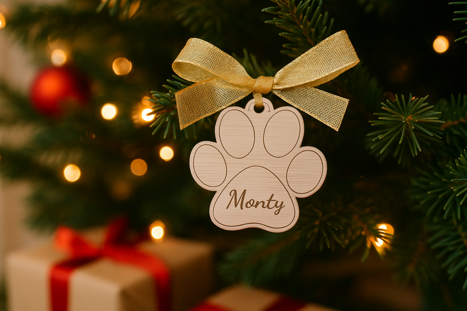 Personalised paw print Christmas tree decoration with engraved pet name, custom bauble for dogs or cats, perfect first Christmas ornament gift for pet lovers.
