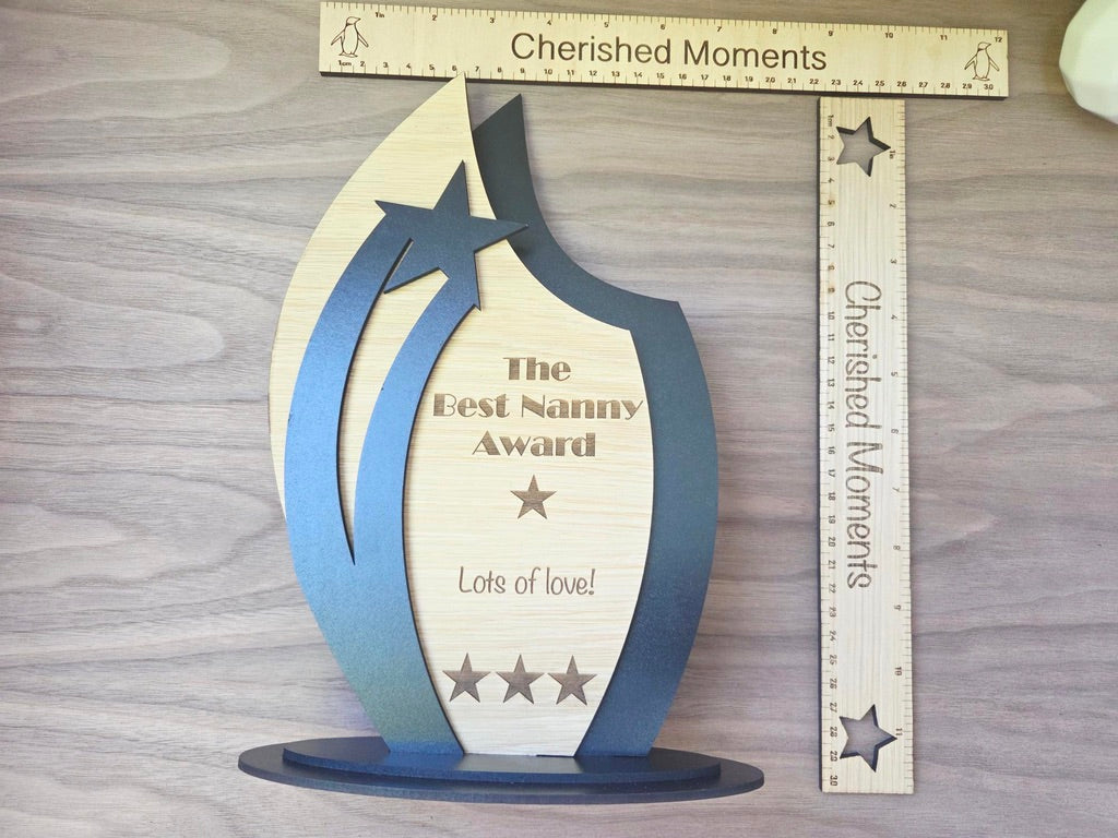 Personalised Wooden Trophy Award – Custom Engraved Star Plaque for Gift, School, Business, Sports, Employee or Graduation Gift