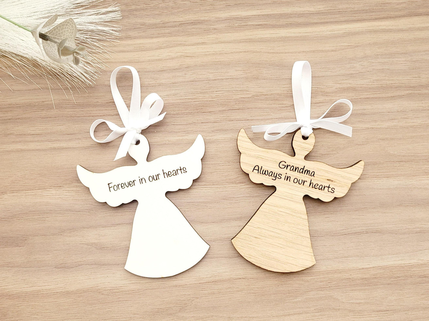 Personalised Wooden Angel Christmas Decoration – Hanging Oak Veneer or White MDF Ornament, Custom Message Memorial Bauble