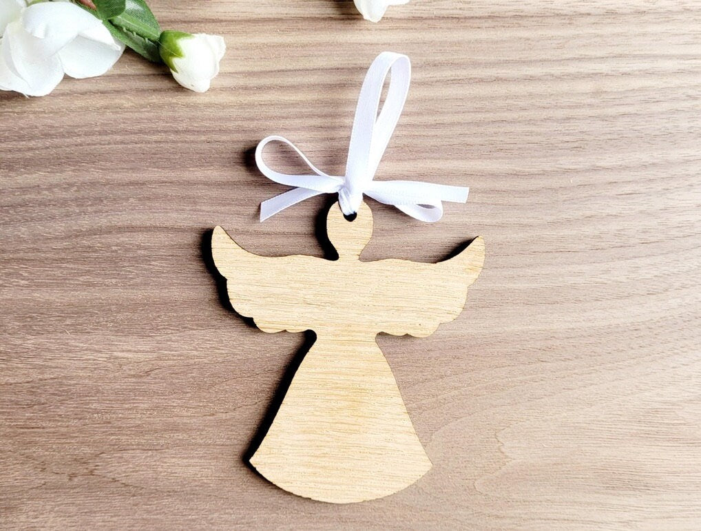 Personalised Wooden Angel Christmas Decoration – Hanging Oak Veneer or White MDF Ornament, Custom Message Memorial Bauble