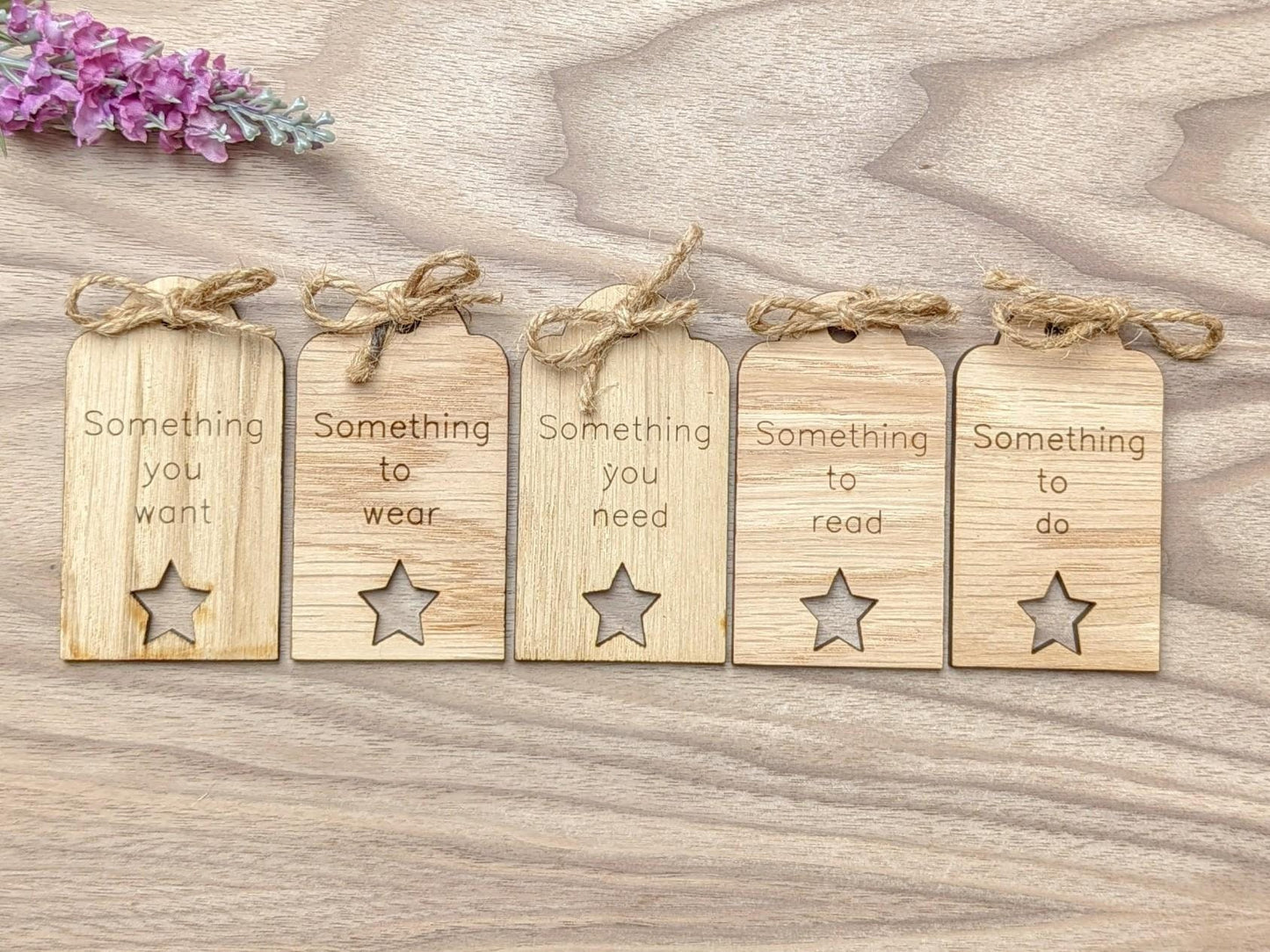 Personalised Five Gift Rule Tags – Reusable Oak Veneer Christmas Gift Labels with Twine