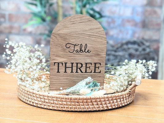 Customisable Wooden Table Signs – Oak Veneer Wedding Table Numbers or Names