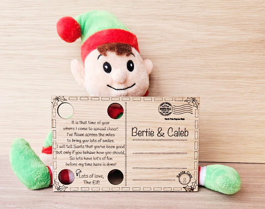 Personalised Elf Arrival Postcard – Custom Wooden Christmas Keepsake for Kids