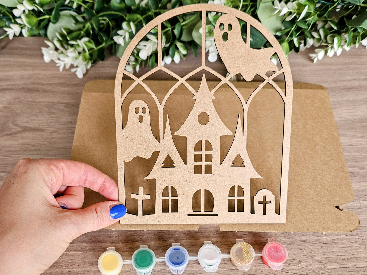 Halloween Paint Kit for Kids – Wooden Window Activity with Paints & Brush