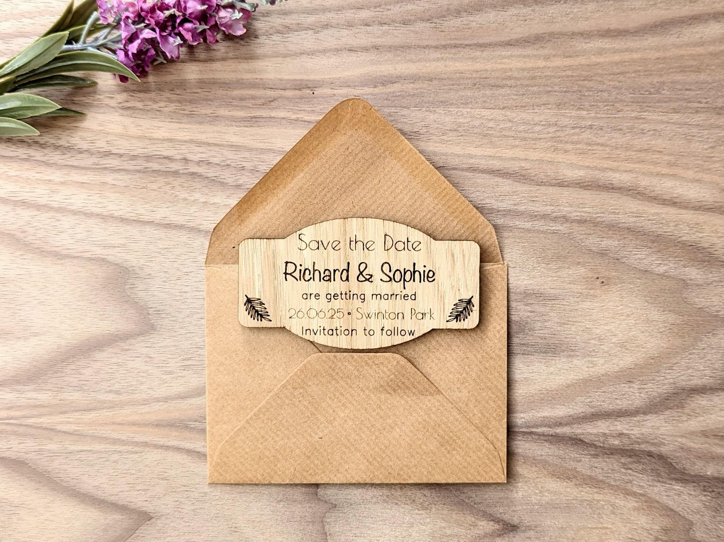 Personalised Wooden Save the Date Magnet – Custom Oak Wedding Announcement