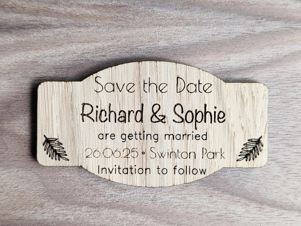 Personalised Wooden Save the Date Magnet – Custom Oak Wedding Announcement