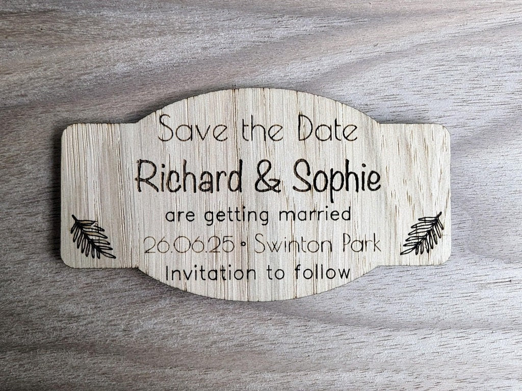 Personalised Wooden Save the Date Magnet – Custom Oak Wedding Announcement